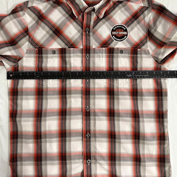 Harley-Davidson Mens Plaid Short Sleeve Button Up Shirt Orange Black White Large - Picture 9 of 10